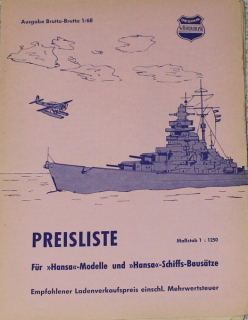 1/68 Preisliste  (1 St.) "Hansa" - Modelle und Schiffsbausätze 1:1250